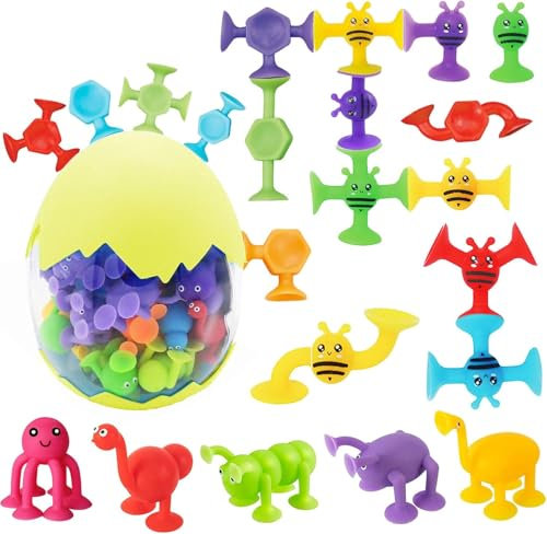 Saugnapf Spielzeug,37 Stück Montessori Badewannenspielzeug,Sucker Toys Darts,Sauger Spielzeug,mit Dinosauriereier Aufbewahrungs,Silikon Bausteine Spielzeug,Montessori Spielzeug ab 3 Jahre