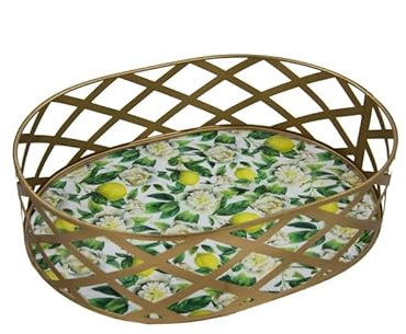 Ovales Tablett mit weißen Blumen und Zitronen