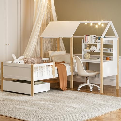 ComfortXL Hausbett für Kinder 90x200 cm, L-Form mit Schreibtisch, Regal und Schubladen, Hochbett aus Massivholz, mit Stauraum, Weiß Natur