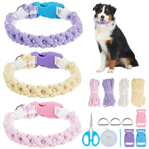 WEBEEDY 3 DIY Makramee Hundehalsband Set Für Erwachsene Anfänger Makramee Gänseblümchen Halsband Knotenset Mit 4 Farben 60 m Baumwollschnur Und Anleitung Verstellbare Handgefertigte Haustier Halskette