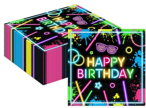 MORAINJAY 40 Stück Neon Servietten, 33x33cm Fluoreszenz Papierservietten Leuchtende Party Deko Geburtstag Kinder Teenager, Tischdeko Neonparty