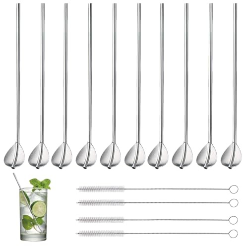 10 Pièces Paille Granité Design 2 en 1; Touillette Vocktail | Paille Inox + 4 Pièces Brosse de Nettoyage Cuillere Granita Extra Long Reutilisable pour Smoothies Cocktails Mojito