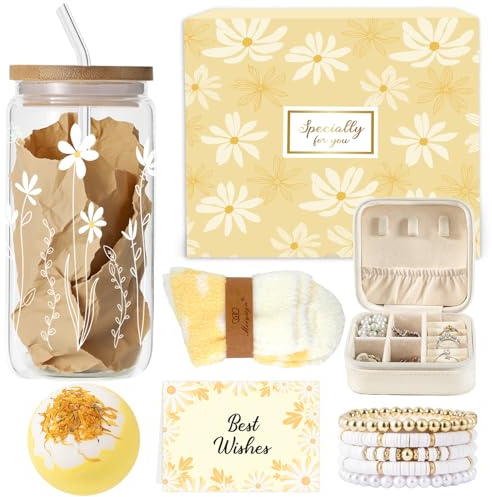 Gifts for Girls Teenage 9 10 11 12 13 14 Year Old, Birthday Gifts for Girls | Back to School Presents Teen Age 8-15, Glass Cup with Lid and Straw,Socks Bracelets Bath Bomb Jewelry Box,Flowers Coffee Cup