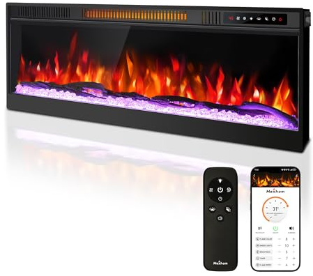 Mexhom 50in/127cm Ultradünner Elektrokamin mit Heizung ，Einbau & Wand | Elektrischer Kamin mit Panoramaview, geräuscharmem LED-Kaminfeuer in 12 Farben, Timer, Thermostat, Fernbedienung und Zubehör