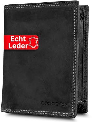 Cocoono Geldbörse aus Echtleder mit RFID-Schutz – Klassisches Portemonnaie/Geldbeutel Herren mit Münzfach, Reißverschlussfach & Kartenfächern – Robustes Leder Portmonee Herren in (Schwarz, 9,5)