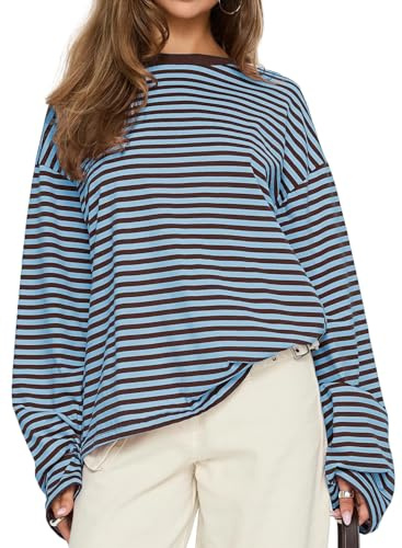 CHYRII Women Oversized Striped Long Sleeve T Shirts Fashion Casual Fall Spring 2026 Tops Y2K Clothes (Blue+Coffee M)