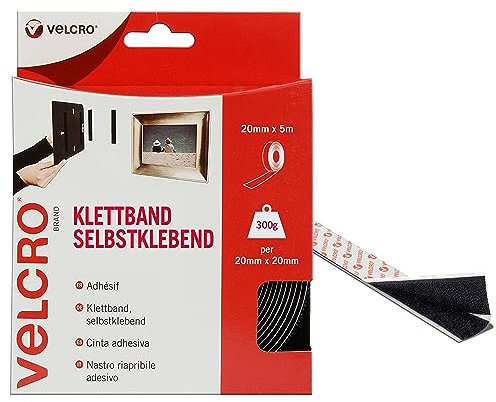 VELCRO Marke | Klettband Selbstklebend | Zuschneidbares, starkes, selbstklebendes Klettband mit Klettverschluss, perfekt für Raumdekoration und Wohnaccessoires, Büro, Garage | Schwarz | 20 mm x 5m