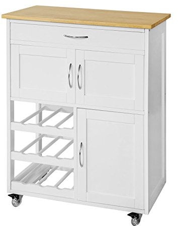 SoBuy Desserte de Cuisine, Chariot de Service Roulant, Armoire de Rangement sur roulettes, Plateau en Bois d'Hévéa, avec Tiroir, Porte-Bouteilles et Portes, L67xH87xP37cm, Blanc, FKW45-WN