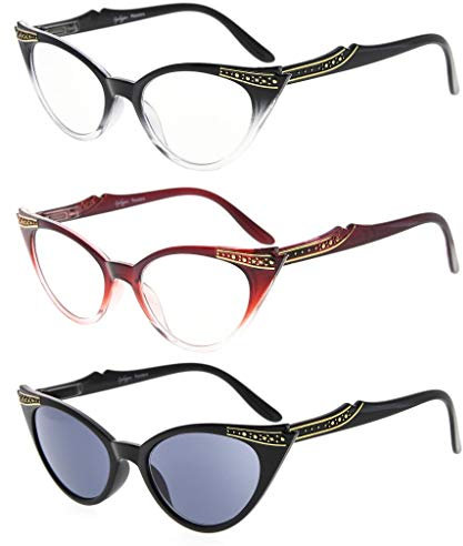 Eyekepper Mujeres 3 pares de gafas de lectura vintage de damas de gato lectores de ojos, incluyen Sunshine Readers (Negro Transparente/Rojo Transparente/Gris Lente, 1.50)