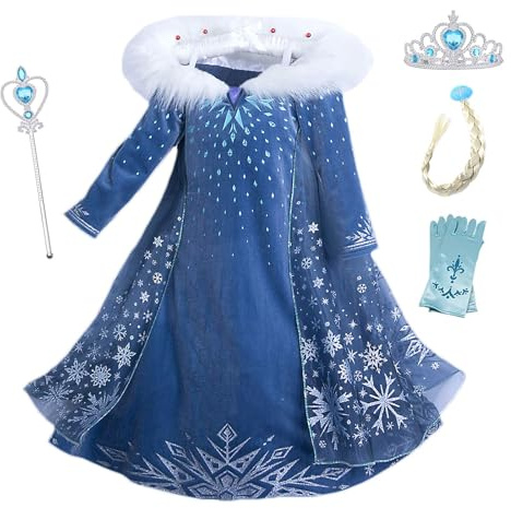 New front Elsa Mädchen Prinzessinnenkleid Kinder Kostüm mit Krone Zauberstab Handschuhe für Cosplay Verkleidung Geburtstagsfeiern Halloween Geschenk Weihnachten, Blau, 140