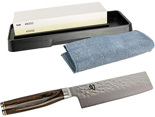 Kai SHUN Premier Tim MÄLZER NAKIRI ultrascharfes Japan Damastmesser 14 cm TDM-1742 + KAI Schleifstein AP-0316 mit 3000/6000 Körnung+ Premium- Poliertuch