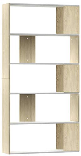 vidaXL Bücherregal Raumteiler mit 5 großen Fächern Wandregal Standregal Aktenregal Raumtrenner Büroregal Regal Weiß Sonoma-Eiche 80x24x159cm