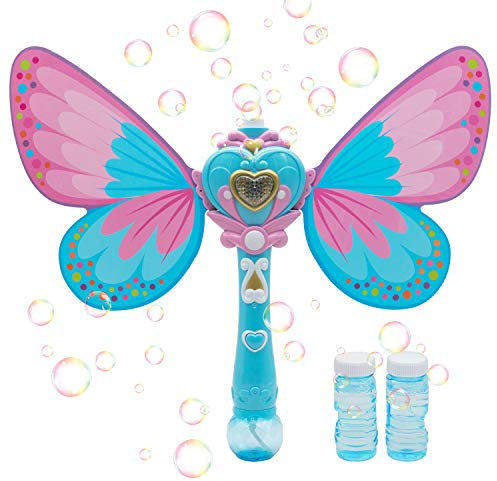 Kingsport Magic Bubble Wand Blower, Musical Light Up Butterfly Fairy Stick Bubbles Marker Toy for Kids, Party Wedding Outdoor Activity Bubble Machine with 2 Bottle Bubbles Refill (Pink)