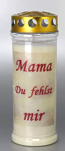 Grabkerze Mama Du fehlst mir, (21x7,5 cm) Grablicht mit 7 Tage Brenndauer (3897), Wetterfestes Trauerlicht mit Deckel, Hochwertige Trauerkerze, Edle Gedenkkerze aus Deutschland