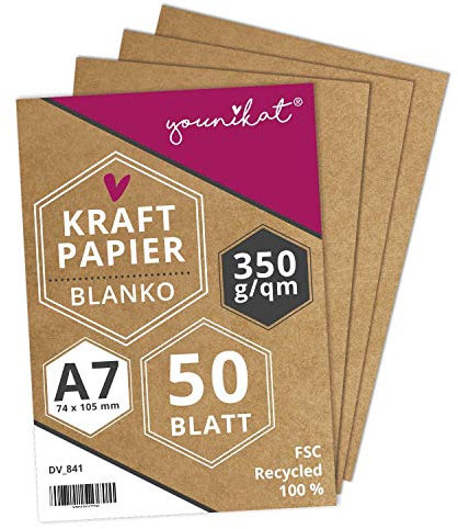 younikat Kraftpapier DIN A7 I 350 g/m² Starkes Recycling Designpapier I 50er Set I in Blanko zum selbst-gestalten DIY I Vielseitig zum schreiben malen I dv841