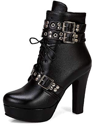 JIEEME Moda de mujer con cordones Cremallera Tacón bloque Tacón alto Punta redonda Plataforma Caminar Fácil Cómodo Botas de caña corta para mujer z39961, Negro , 43 EU