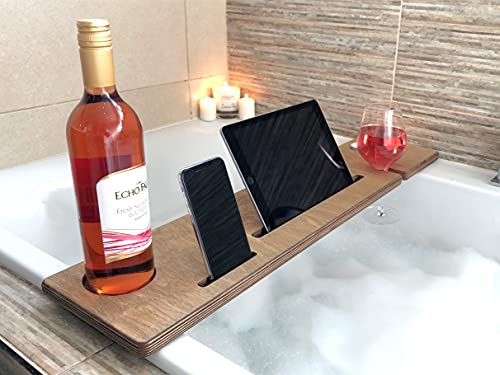 ADD A PERSONALISED LASER ENGRAVED MESSAGE!! Wooden Bath Caddy to hold Wine Bottle, Wine Glass, Mobile Phone, Tablet and 3 tealight candles (Laser Engraved) (BBWO) (EM)
