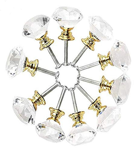 Lot de 10 boutons de porte en verre transparent de 30 mm avec vis pour meubles, cuisine, maison