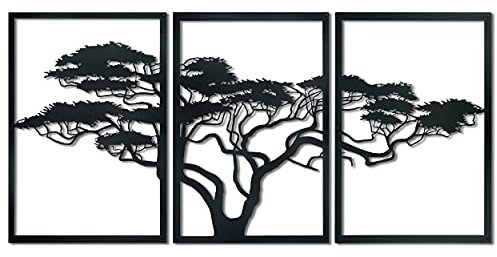 Baupor Afrikanische Baum-Metall-Wanddekoration, Baum des Lebens, Metall, 3 x große Baum-Wanddekoration, Kunstwerk für Zuhause, Wohnzimmerdekoration, Schlafzimmerdekoration, schwarz, 150x74