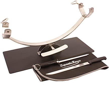Soporte jamonero New Generation basculante con herraje Inoxidable y base de acero color negro mas set de corte, chuchillo jamonero, chaira y cubre jamón negro