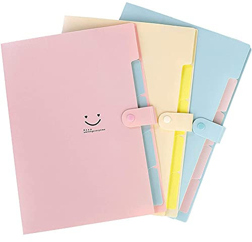 Expanding Document File Folder - Organizer Dokumente Compartments Handheld Folder with Snap Button A4 and Letter Size File Organiser with 5 Pockets for Office, School, Home (Blau Gelb Rosa)