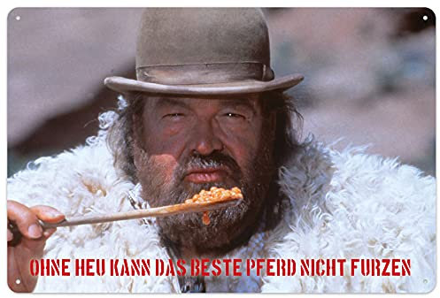 Blechwaren Fabrik Braunschweig GmbH Bud Spencer und Terence Hill - Bud Spencer mit Kochlöffel - Ohne Heu kann das Beste Pferd Nicht furzen - Blechschild - 20x30 cm 300/B009