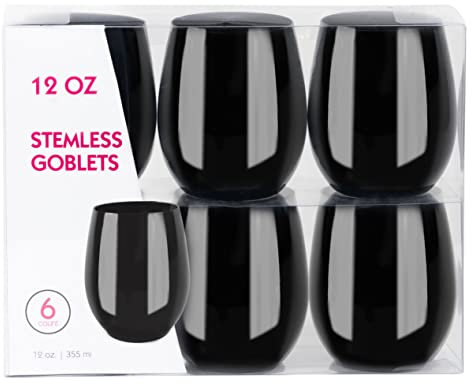 PLASTICPRO 12 Pack Black Plastic Wine Glasses Stemless Disposable 12 oz BPA Free Shatterproof Plastic Wine Cups Wine Glasses for Parties