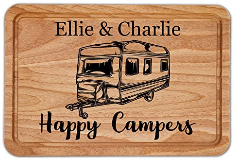 Personalised Happy Campers Wooden Chopping Board Caravan Kitchen Food Prep Caravan Holidays