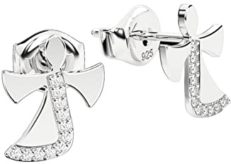Ohrringe Engel Silber 925 Zirkonia Ohrstecker Silber für Kinder Mädchen mit Engeln Stecker kurz Schutz-Engel Flügel mit Steinen Zirkonia Engelchen indivuelle Etuigravur