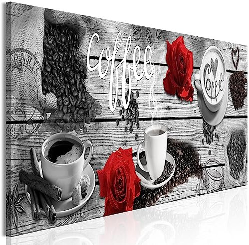 decomonkey Bilder Kaffee Küche 120x40 cm 1 Teilig Leinwandbilder Bild auf Leinwand Vlies Wandbild Kunstdruck Wanddeko Wand Wohnzimmer Wanddekoration Modern Deko Kochen Caffe Holz Rosen