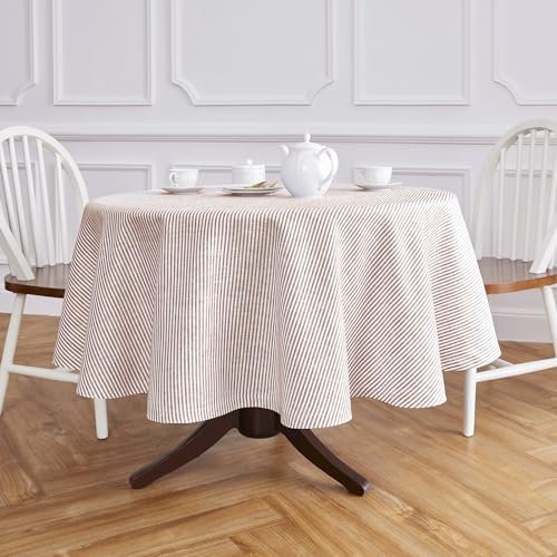 Solino Home Leinen Runde Tischdecke Zimt und Weiß - 100% Reines Leinen Schmale Streifen Tischdecke 70 Zoll - Maschinenwaschbare Runde Tischdecke für drinnen und draußen - Handgefertigt aus