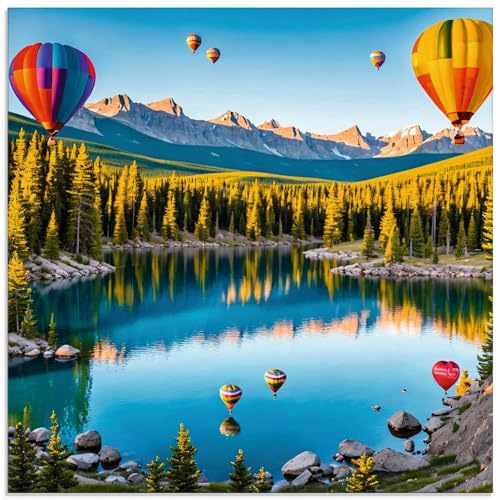 ARTland Wanddeko Glasbilder Wandbild Glas Bild einteilig 50x50 cm Quadratisch Landschaften Idyll See Berge Wald Ballons Heißluftballon KI Kunst U4YJ