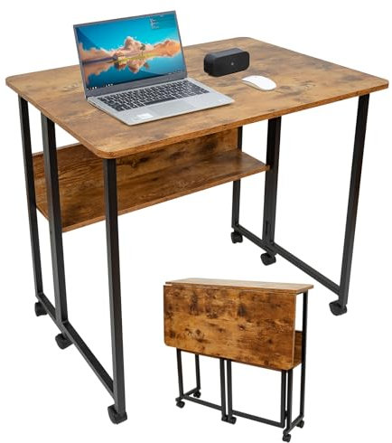 Fiutazge Schreibtisch klappbar, klappschreibtisch mit Rollen, Kleiner Klappbarer Computertisch mit Regal, Beistelltisch, Klapptisch für Home Office, Industrie-Design Dunkelbraun 80 x 58 x 75 cm
