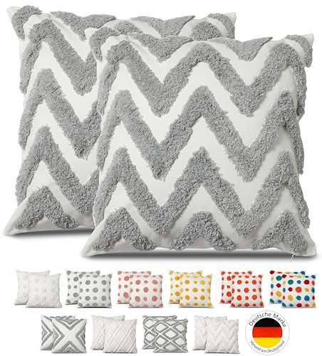 Emilie-Textil Boho Zierkissenbezug aus 100% Baumwolle, Deko Kissenbezug, Kissenhülle verschiedenen Mustern (Graue Welle, 45X45)