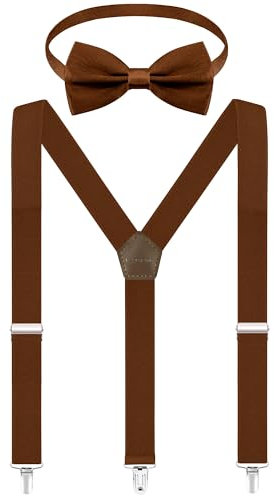 Fevaeno Hosenträger Fliege Set, Breit 2.5cm Y Form mit 3 Starken Clips, Einstellbar und Elastisch Einheitsgröß Hosenträger für Herren und Damen Braun