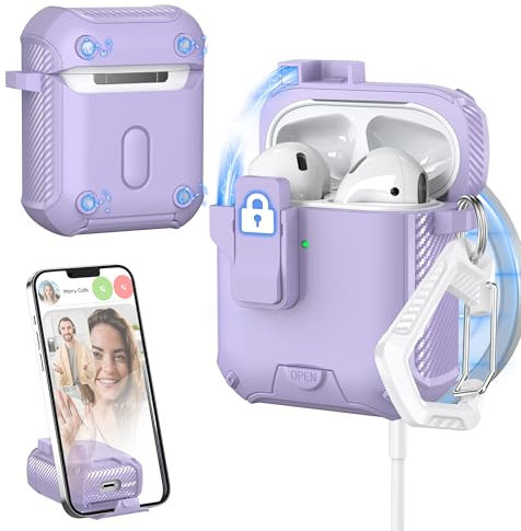 MHYALUDO per AirPods Custodia 2a/1a Generazione, Compatibile con Magsafe, Blocco Magnetico Automatico, Porta di Ricarica Antipolvere e Design con Supporto con Kit di Pulizia, Viola Uva
