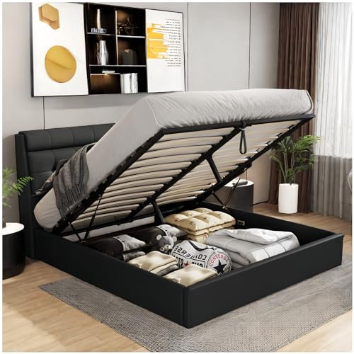 Sapgaks Lit Rembourré 160x200 Avec Rangement Caché, Coffre Hydraulique, Cadre Double Avec Sommier à Lattes et Tête de Lit, 2 Personnes, PU, Noir