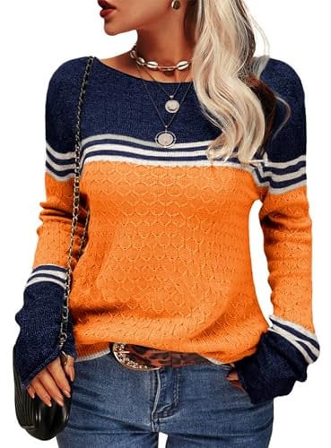 Damen Pullover Rundhals Colorblock Herbstpulli Stilvolle Slim Fit Gestreift Sweater Bequem Warm Strickpullover Langarm Tops Strickwaren (Orange, M)