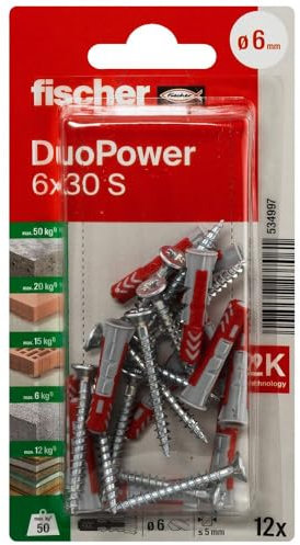 Fischer DUOPOWER – Tacos – 12 tacos todos los materiales Fischer Ø6 x 30 S – Fischer