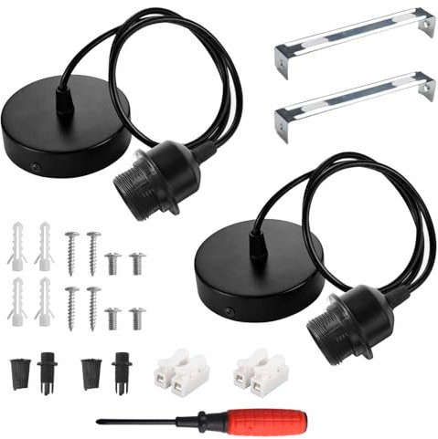 2 Pack Metal E27 Pendant Light Fitting Ceiling Rose E27 Screw Lamp Holder with Lock Ring for Shade 150cm Braided Flexible Cable Modern Industrial Ceiling Pendant Fitting for Kitchen,Restaurant(Black)