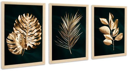 3Pcs Cadre en bois Impression sur Toile Forêt Arbre Or Palm Feuilles Tableau Affiche Decoration Murale Peinture Image Tableau Decoration Murale Salon Chambre 90x40cm(12x16x3pcs) (Pas de plexiglas)