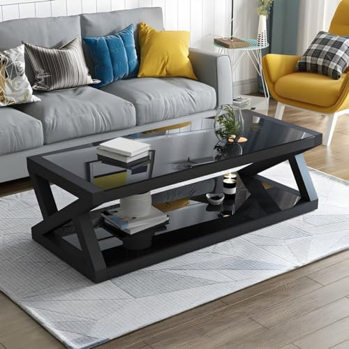 TBTBGXQ Modern Glass Top Coffee Table with Storage Shelf, Rectangle, Black Table Top and Base, 39.5 L x 24 W x 18 H