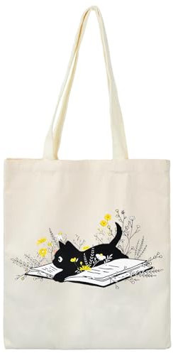 volumoon Katzen Canvas Tragetasche, Stoffbeutel Bedruckt, Wiederverwendbare Einkaufstasche, Faltbare Einkaufstasche aus Canvas, Tragetasche für Schule, Arbeit, Täglichen Einkauf, Strand, Reisen (A)