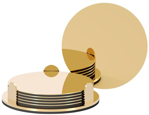 Anterrific Goldene Edelstahl-Untersetzer mit Halter, moderner Spiegel-Getränkeuntersetzer, 6er-Set, einzigartige runde Tassenuntersetzer mit rutschfestem EVA-Boden, Einweihungsdekoration für Kaffeebar