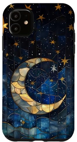 Moon Stars Celestial Faux Stained Glass Night Starry Sky Case for iPhone 11