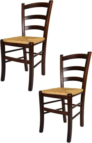 Venise Chaises pour cuisine bar et salle à manger, structure en bois de hêtre couleurs aniline et assise en paille de riz (noyer foncé, lot de 2 chaises)