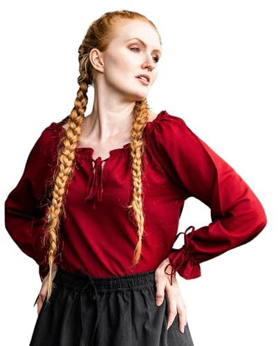 Leonardo Carbone® Damen Bluse Mittelalterbluse Edith | Offenschulterig | Rüschenärmel | Karneval, Halloween, Cosplay, LARP, Kostüm, Mittelalter, Festkleidung | 100% Baumwolle Rot 2XL