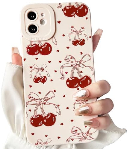 NITITOP Compatible with iPhone 11 Case Cute Bowknot Cherry Pattern Little Heart for Women Girl Soft TPU Shockproof Protective Phone Cover Girly - White