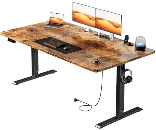 HLONONE Höhenverstellbarer Schreibtisch 160×80cm mit USB-Ladeanschluss und Steckdose, Elektrischer Schreibtisch, Verstellbarer Computertisch mit 3-Funktions-Memory, Braun