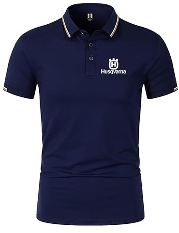 Herren Poloshirts Solid Color Revers für Hus.q_Varna Printed Taste Kurze Ärmel T-Shirts Klassisch Lässig Sportbekleidung (Dark Blue,L)